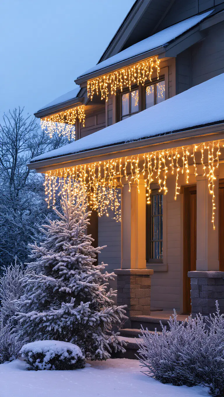 twinkling lights decorating roof edges