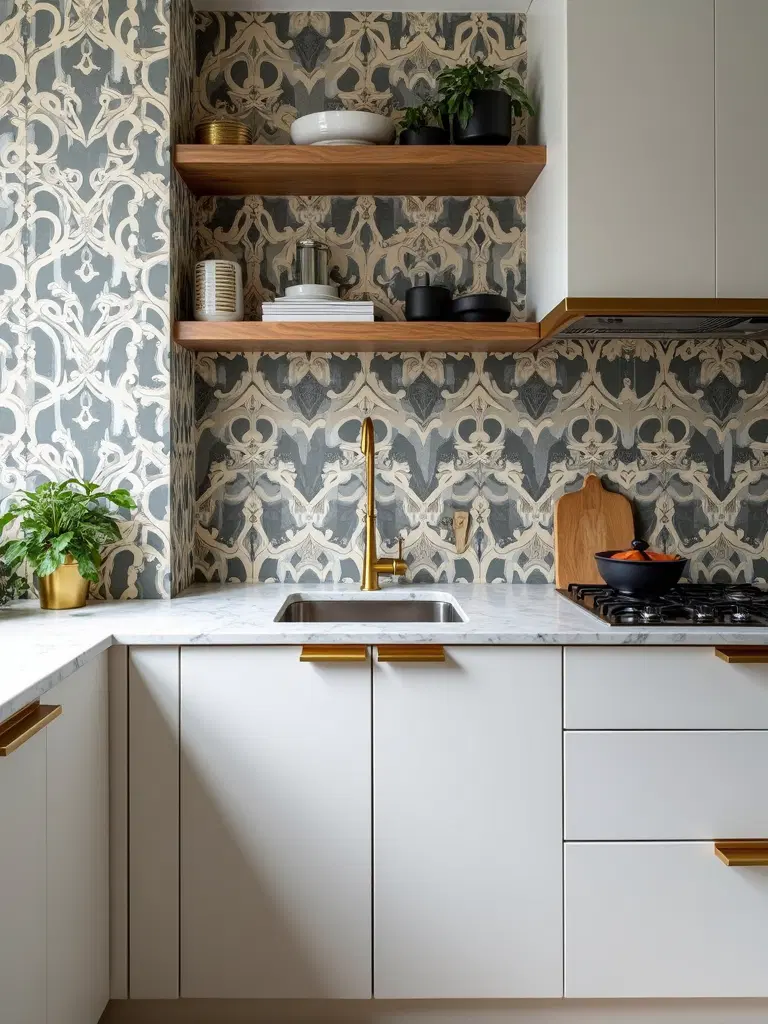 bold wallpaper design in small kitchen