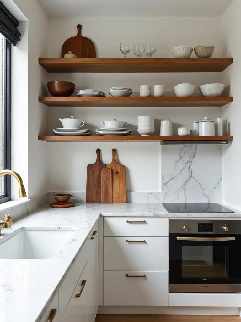 open shelving in compact kitchen