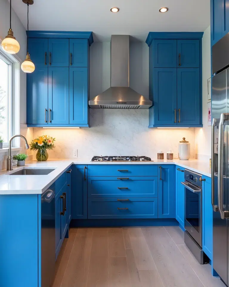 attention grabbing electric blue kitchen cabinets