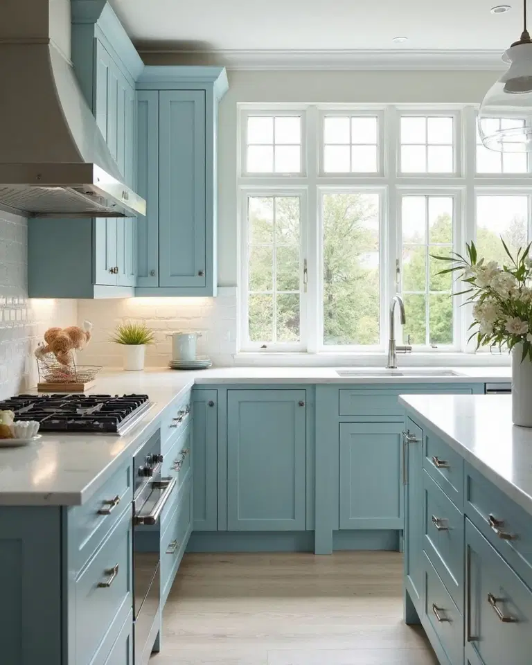tranquil monochromatic blue kitchen retreat
