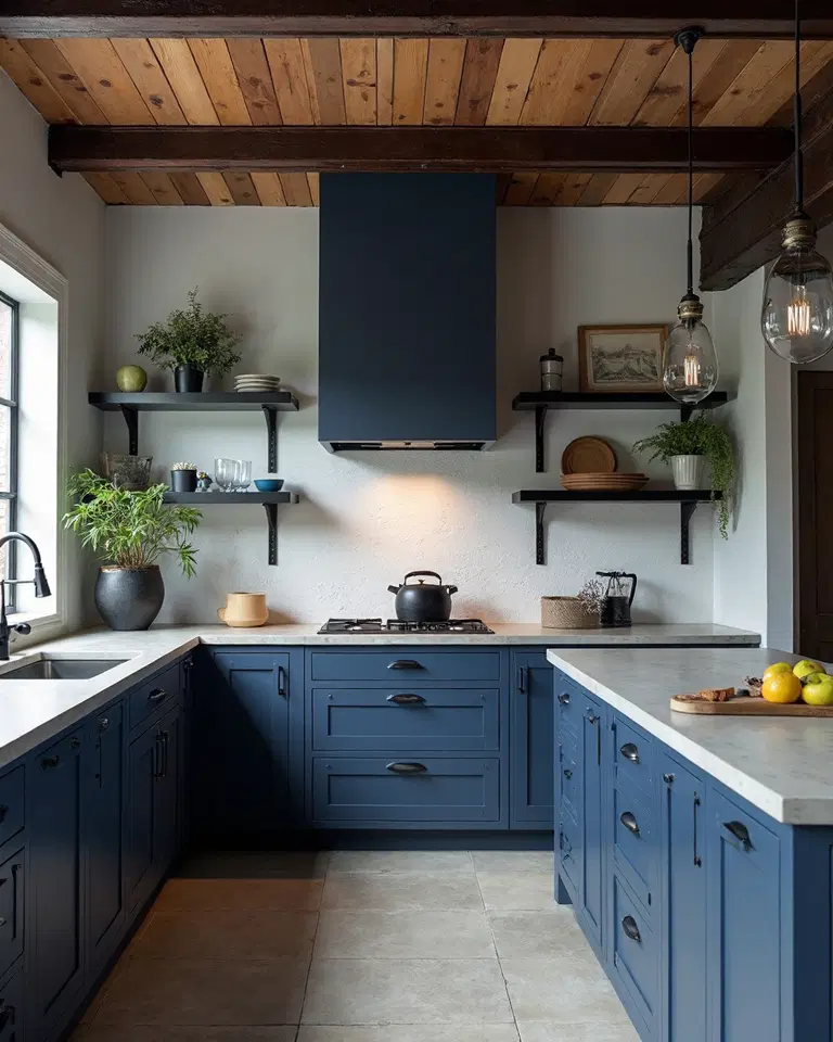 refined blue cabinets raw industrial elements