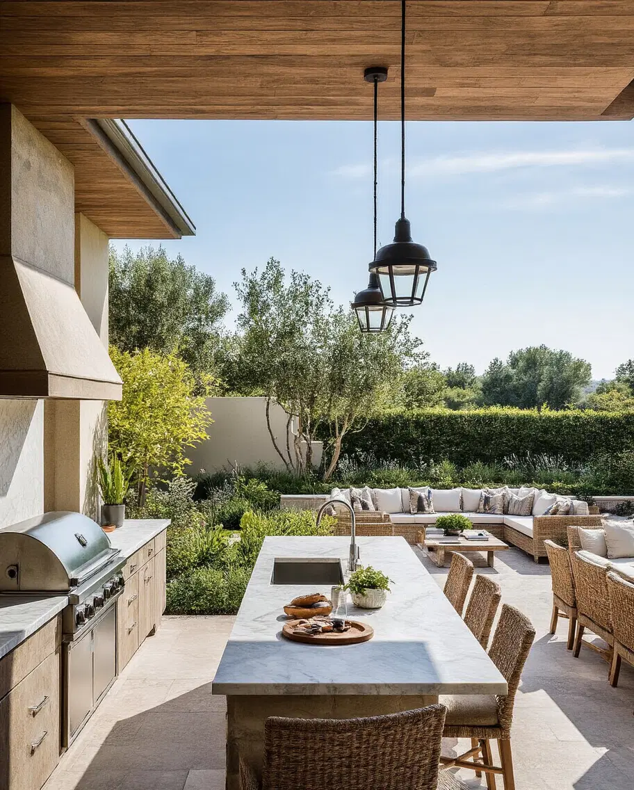 outdoor kitchen with dual islands for cooking and socializing