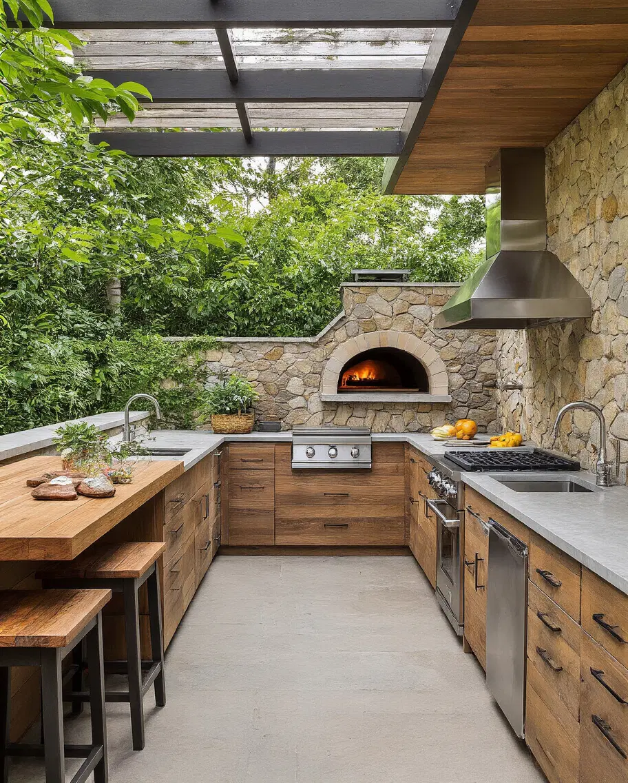 outdoor kitchen with wood fired pizza oven against back wall