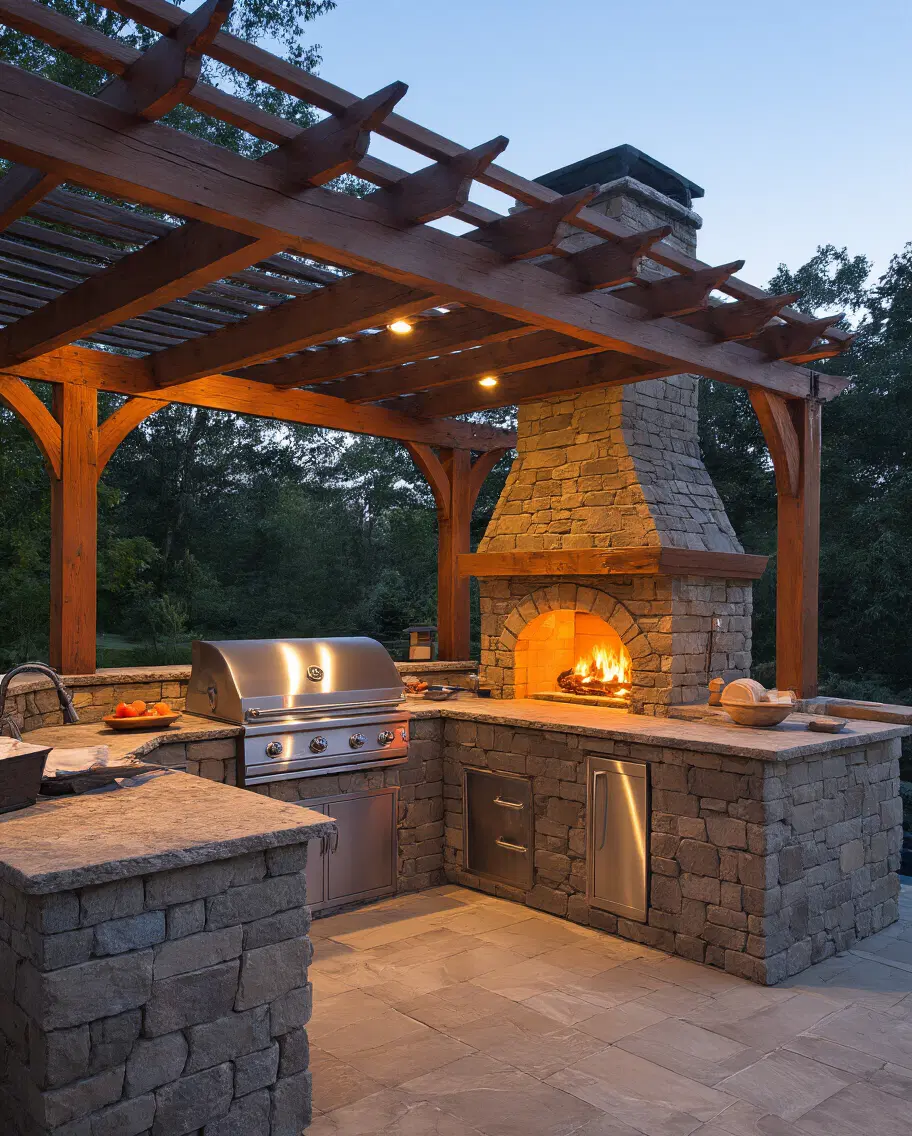 covered outdoor kitchen with warm fireplace for year-round use