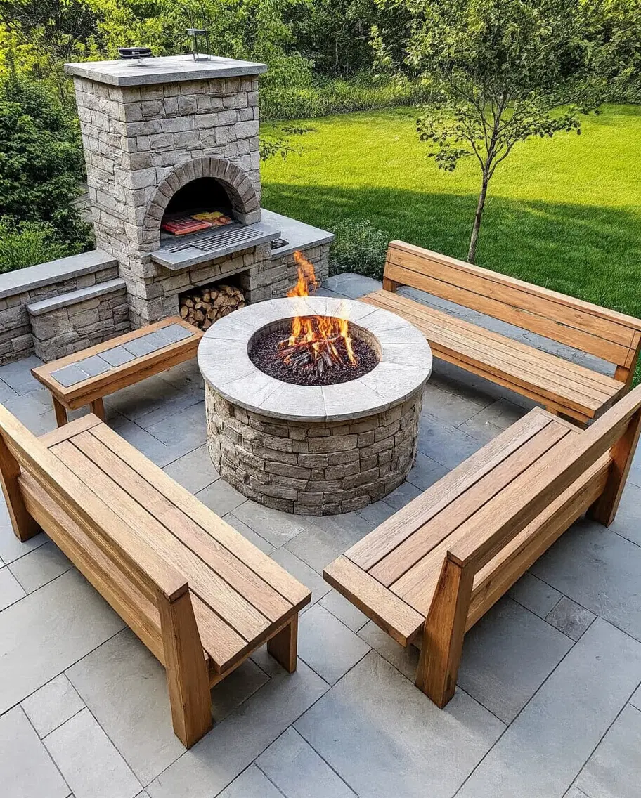outdoor dining area with fire pit and multiple cooking options