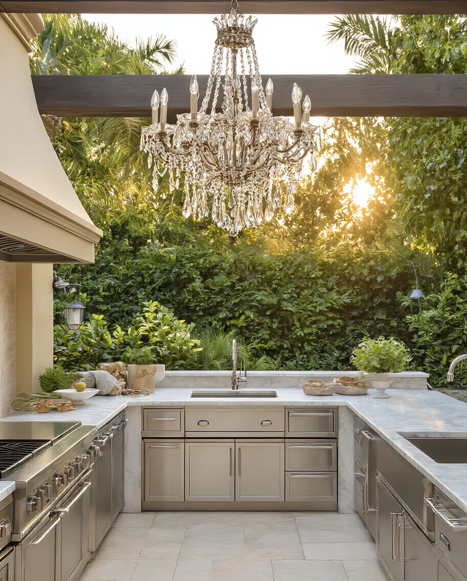refined outdoor kitchen with chandelier lighting