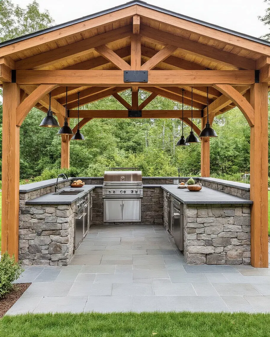 wood gazebo providing overhead protection to outdoor kitchen
