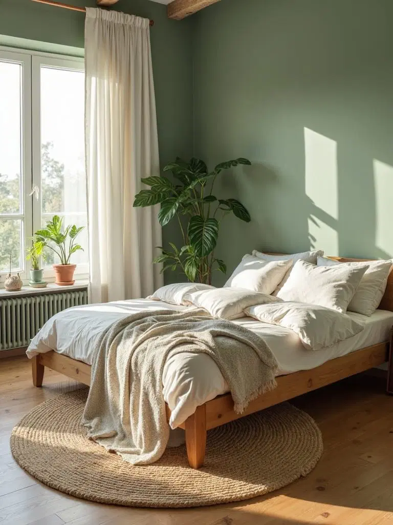 warm neutrals with green bedroom