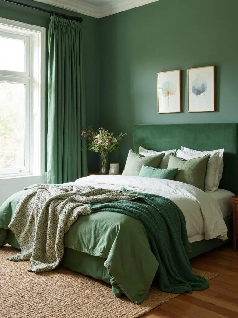 textural layers in green bedrooms
