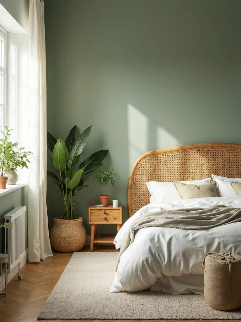 natural wood furniture and green walls