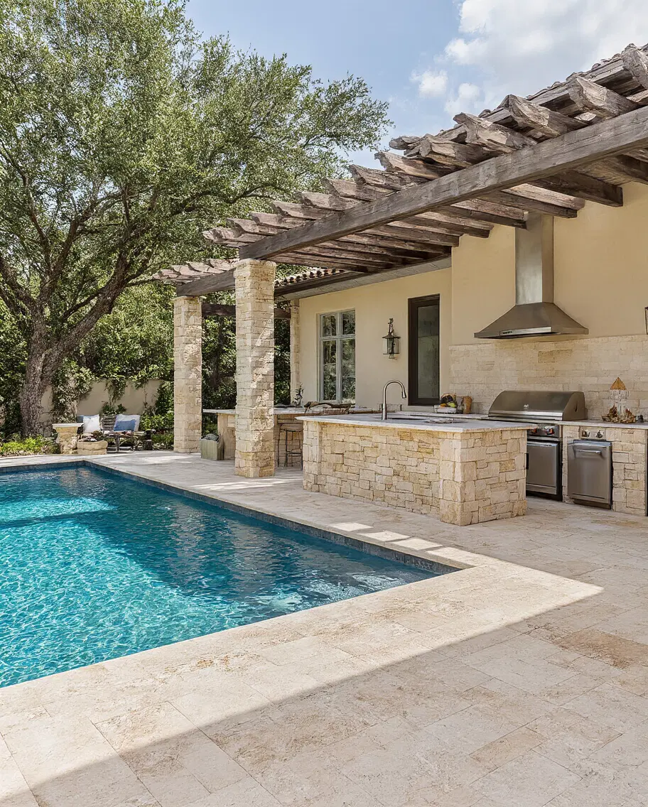 convenient outdoor kitchen pool entertainment