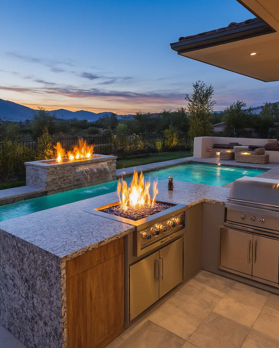 multimodal backyard retreat with fire water kitchen