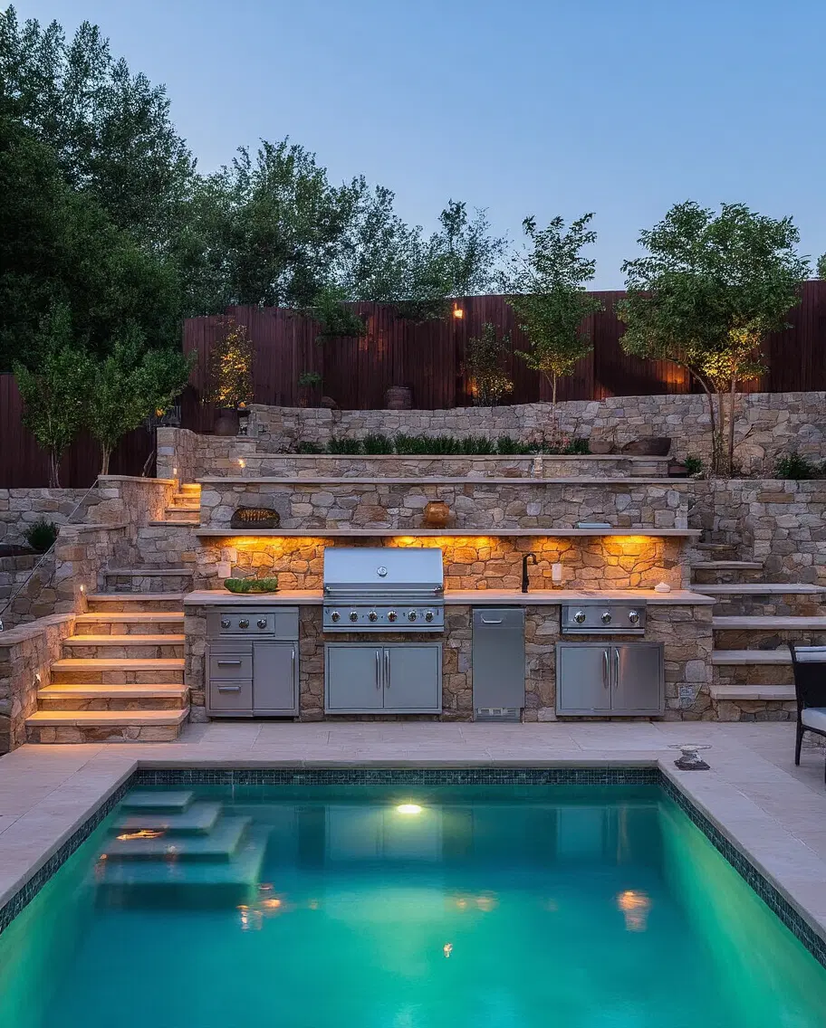 elevated terraced kitchen overlooking pool