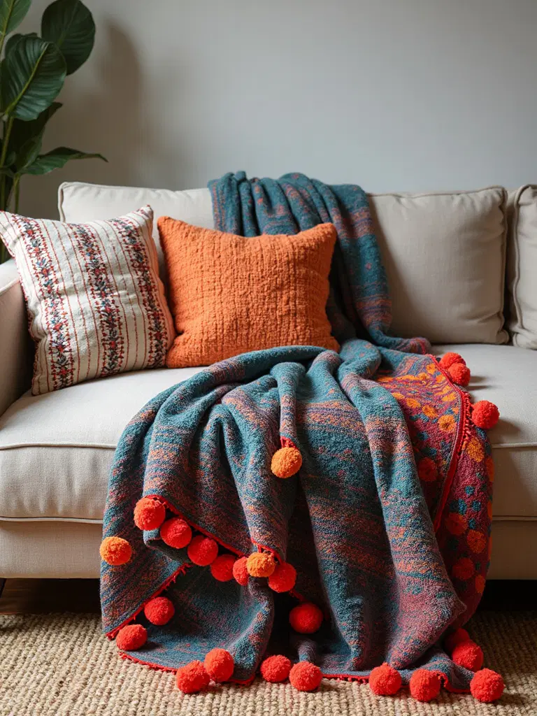 bohemian textured decorative pompom throws