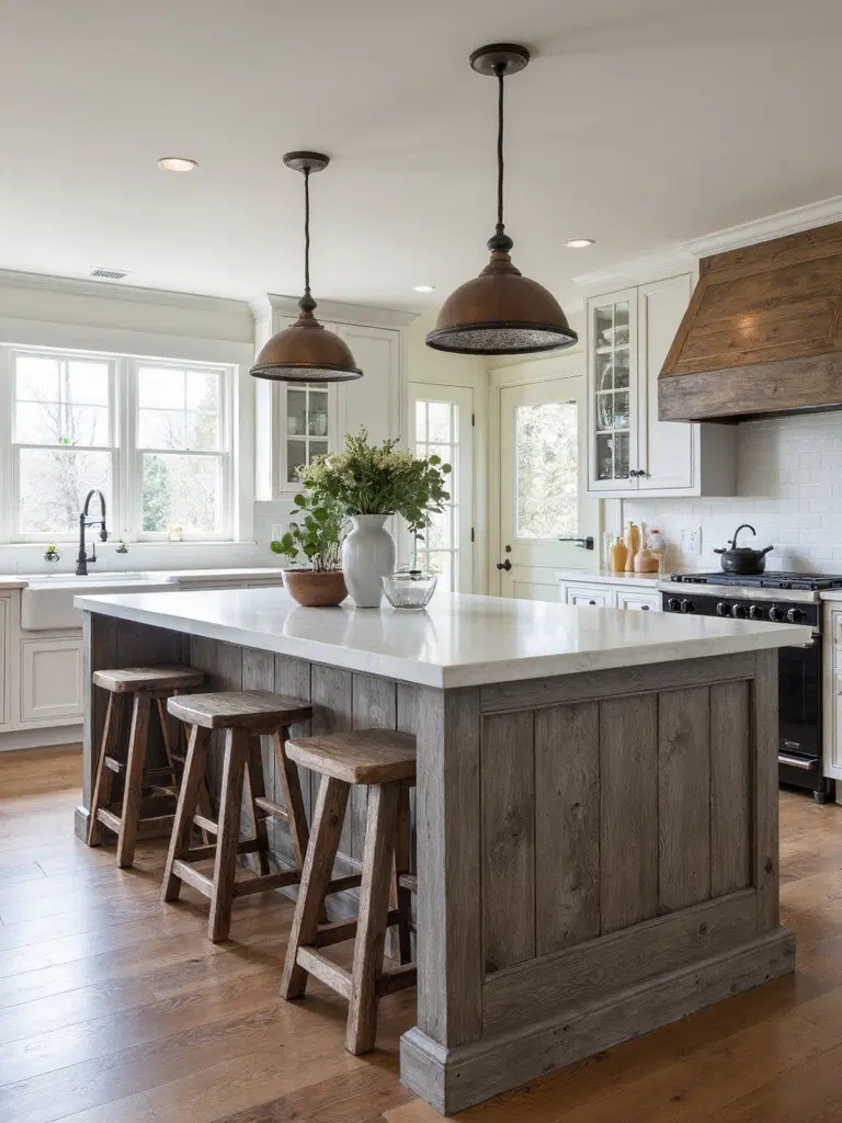 farmhouse kitchen island with weathered wood
