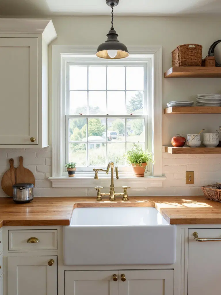 butcher block countertops in farmhouse kitchen