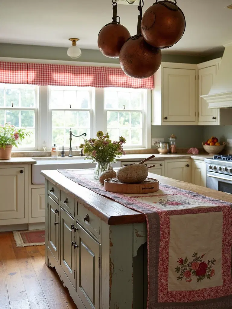 farmhouse kitchen with pastoral textile patterns