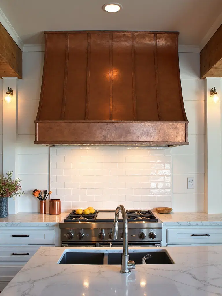 copper kitchen hood in farmhouse style