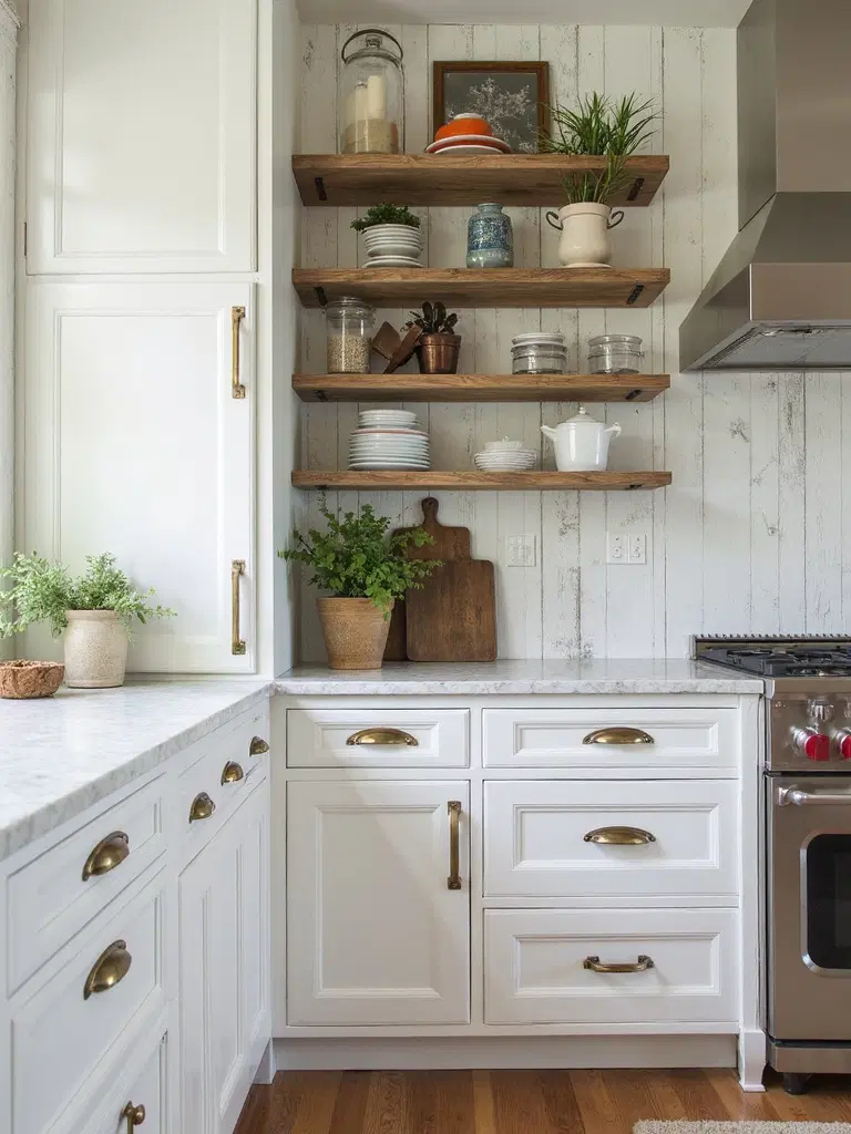 distressed painted cabinetry in farmhouse kitchen