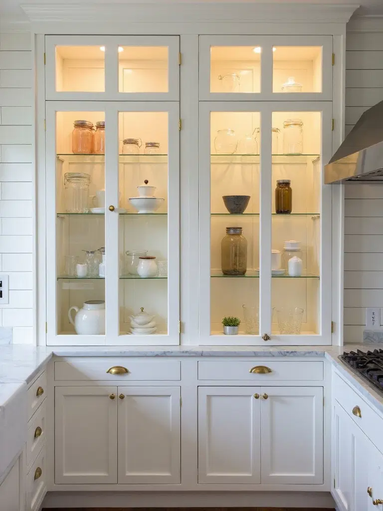 glass front cabinets adding farmhouse charm
