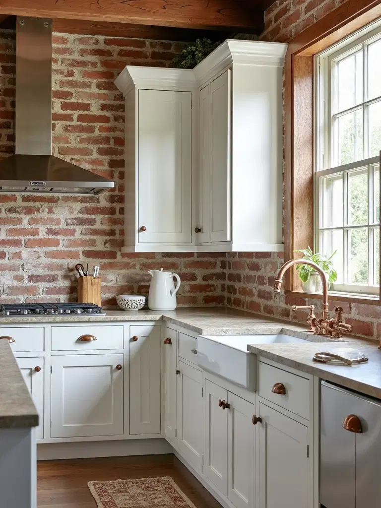 stone and brick accents in farmhouse kitchen