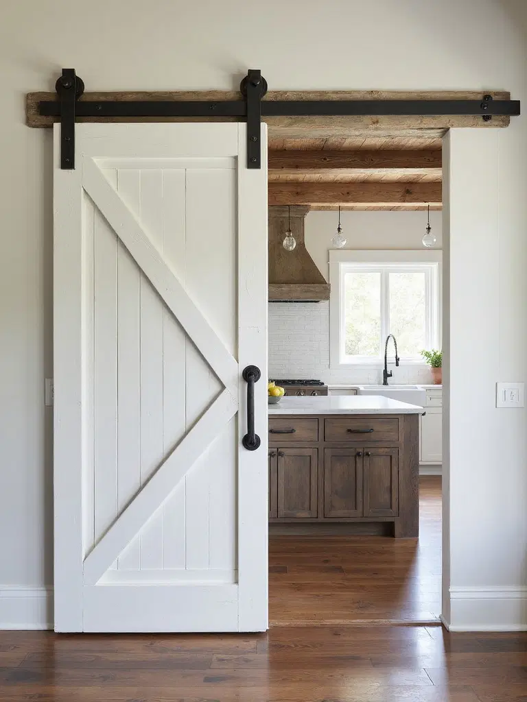 sliding barn door in farmhouse kitchen