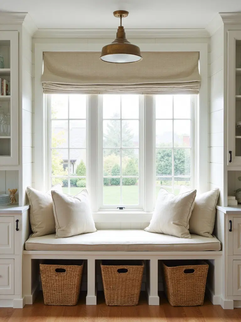 cozy window seat in farmhouse kitchen