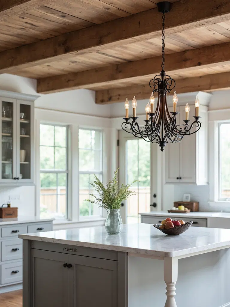 wrought iron lighting in farmhouse kitchen