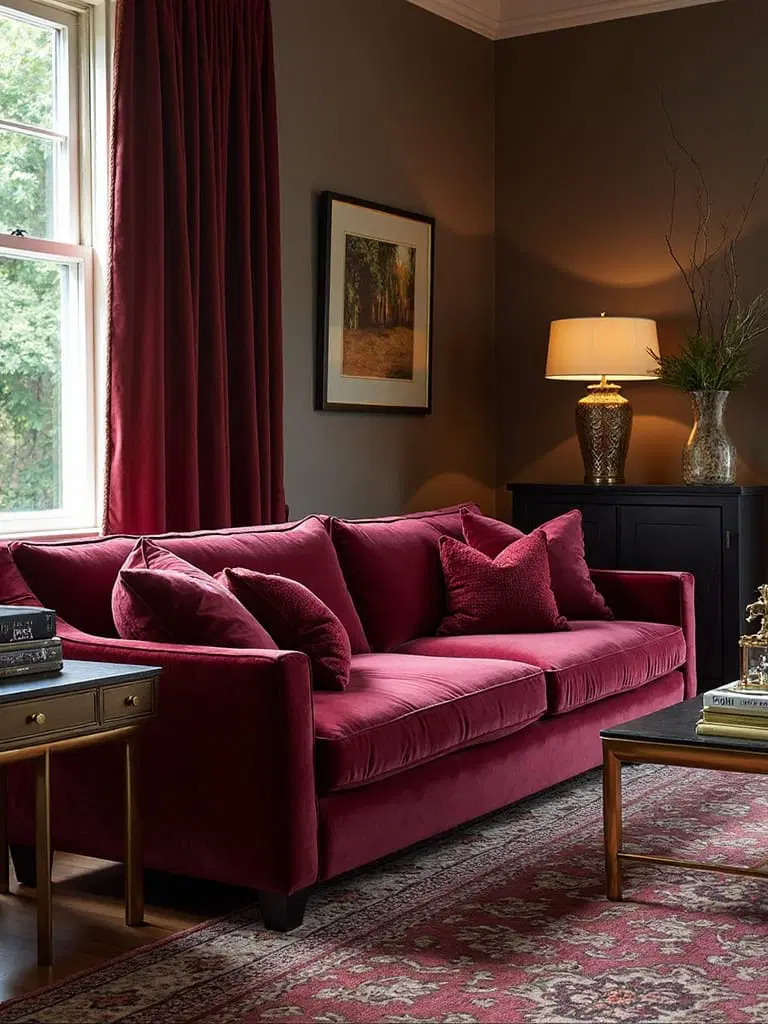 luxurious living room with deep garnet walls