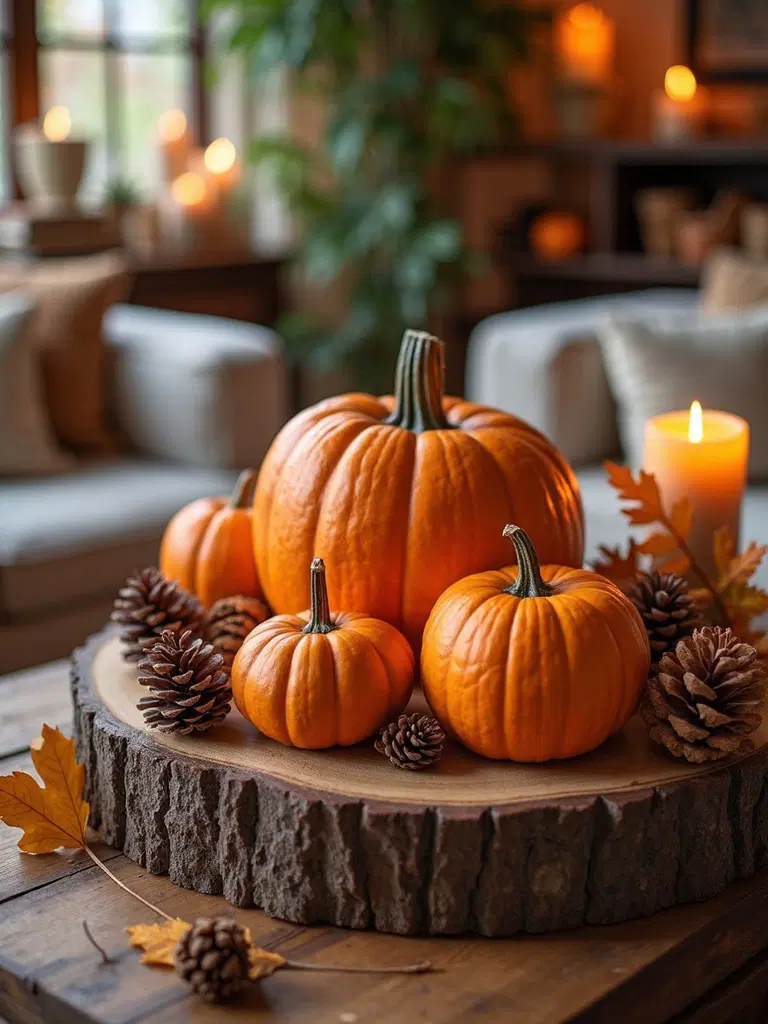 coffee table with pumpkins and pinecones