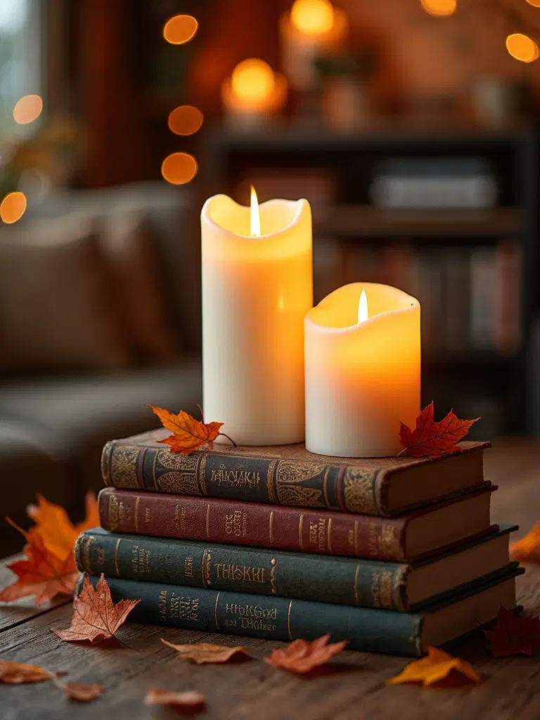 stacked books and cozy candles