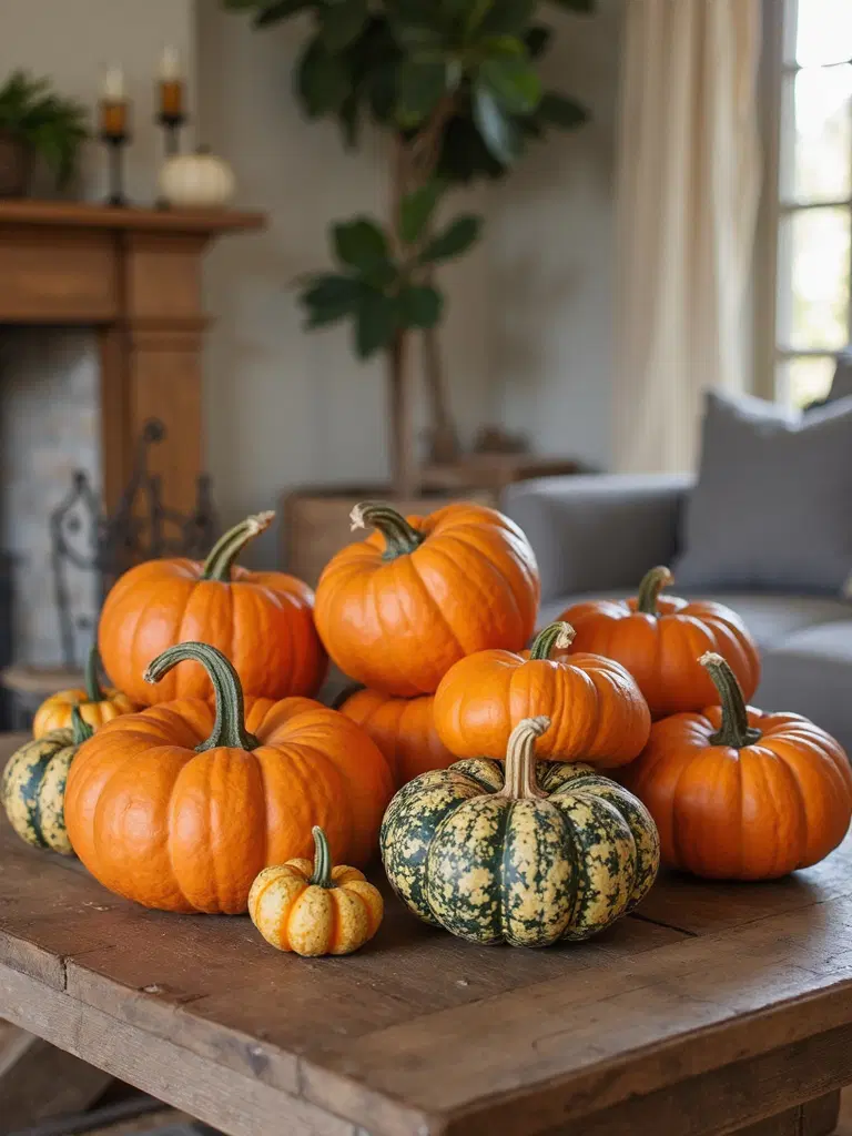 mini pumpkins and gourds arranged in clusters