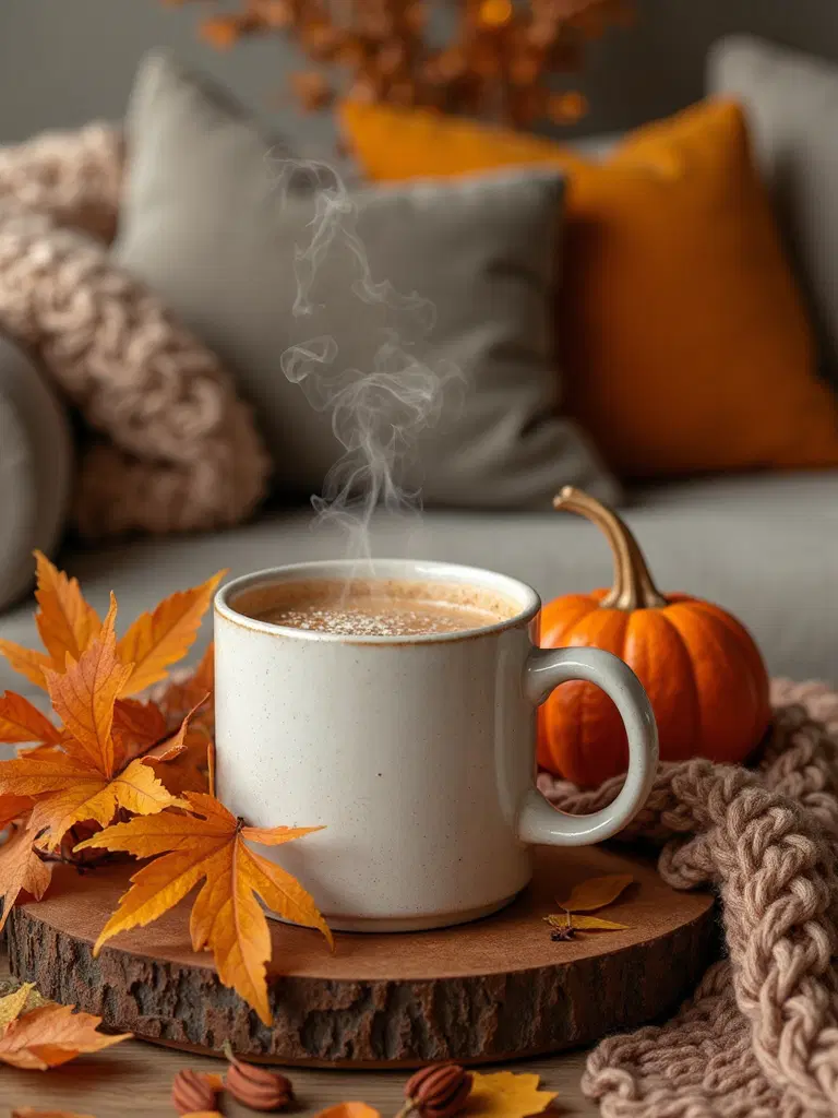 fall mugs and hot drinks on coffee table
