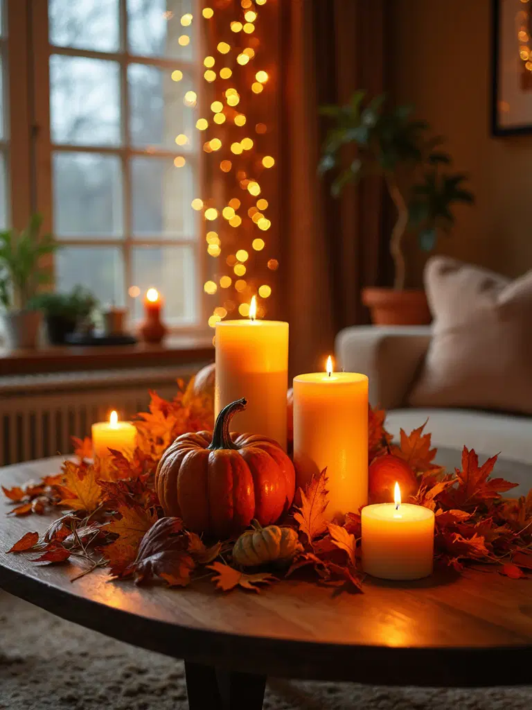 fairy lights on autumn coffee table