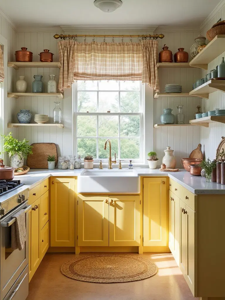 bright vintage yellow farmhouse kitchen
