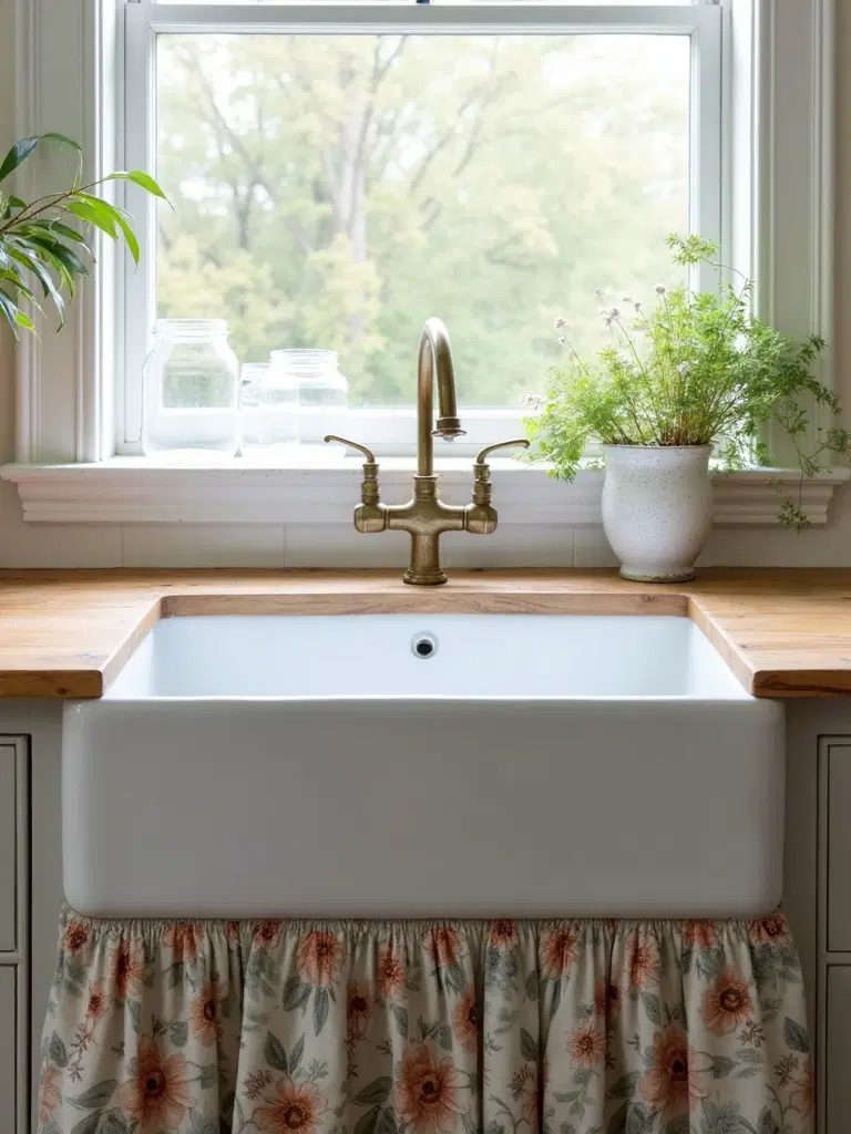 farmhouse sink with fabric skirt detail