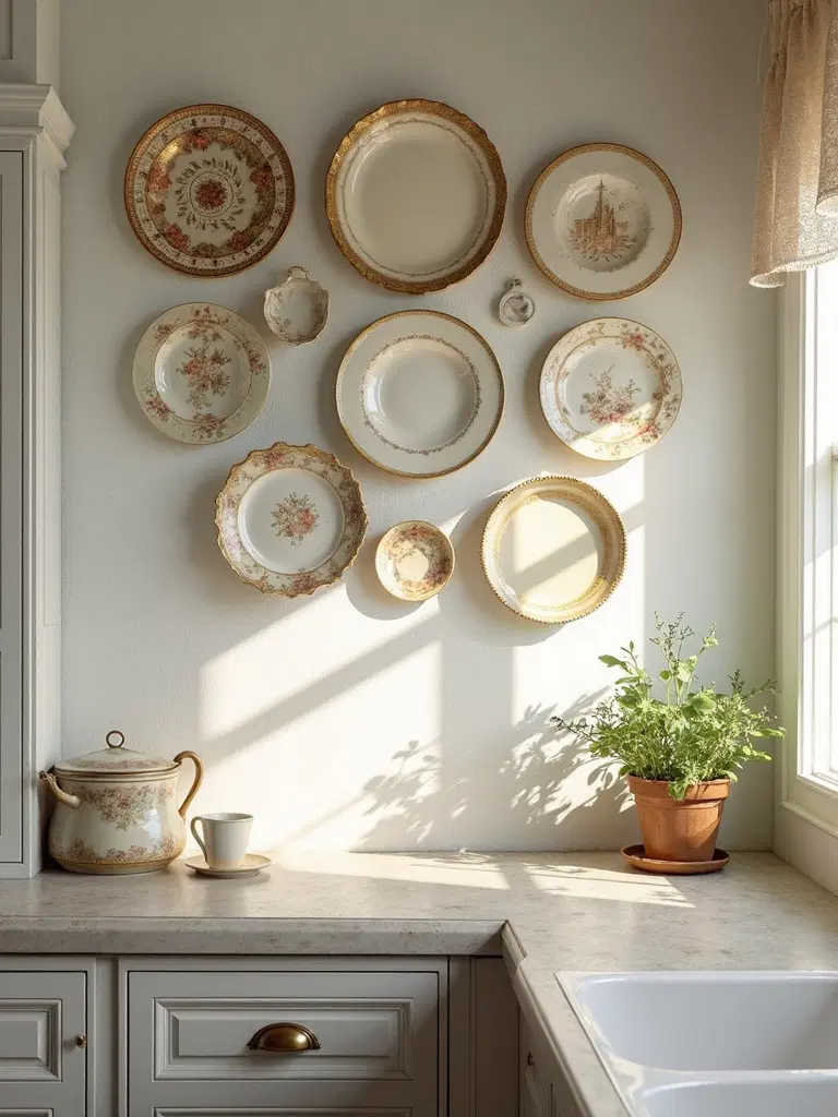 vintage plate wall display in kitchen