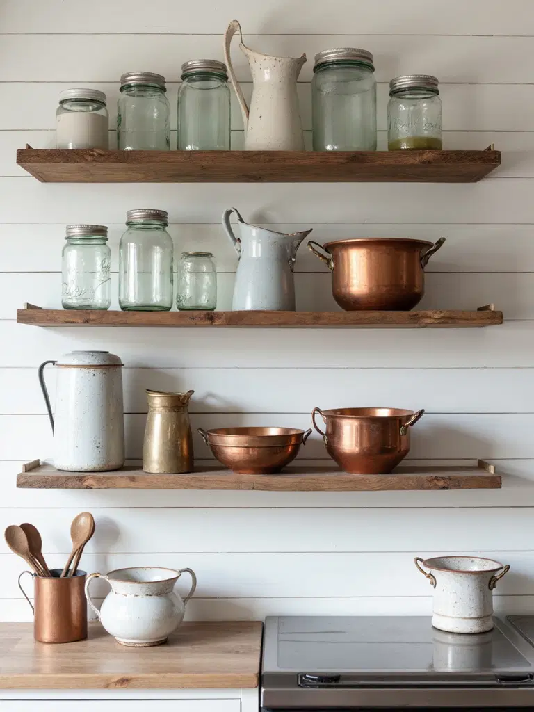 open shelves with vintage kitchen collectibles