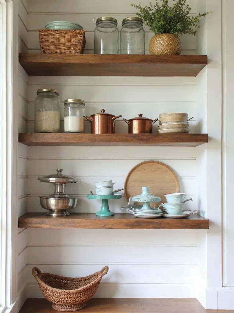 vintage kitchen display with jars and hanging pots