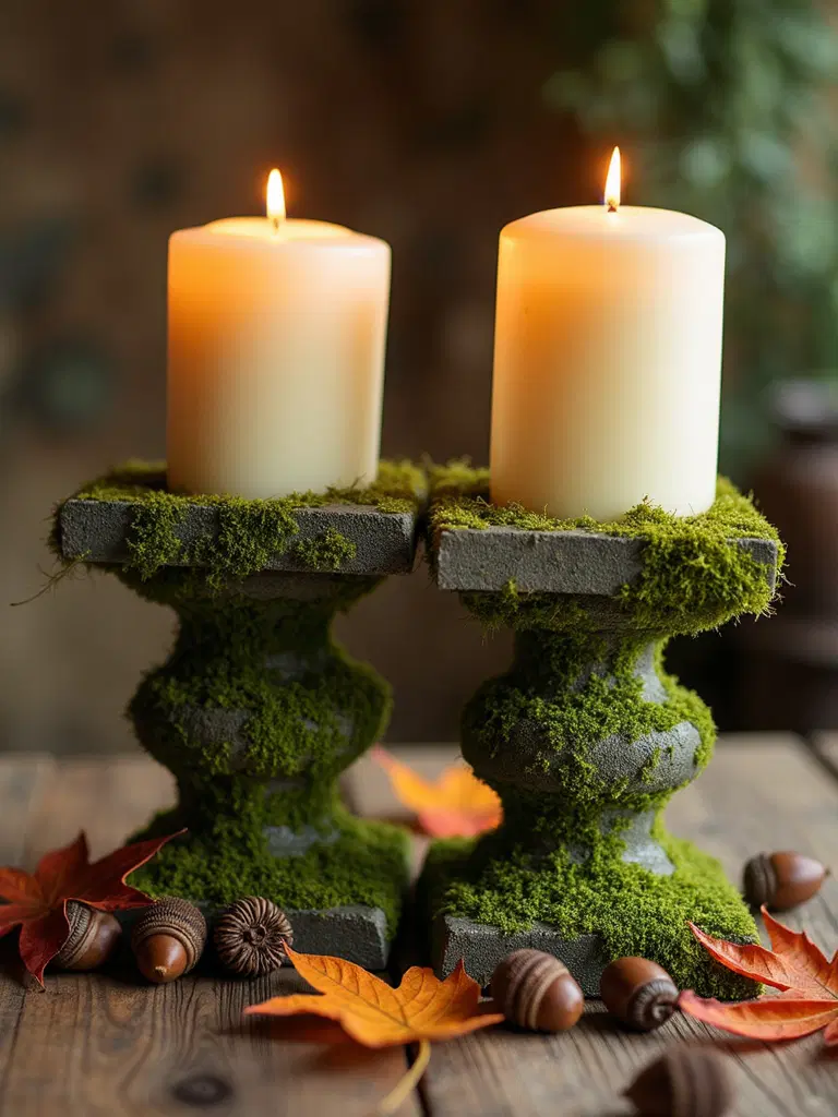 moss covered candle pedestals