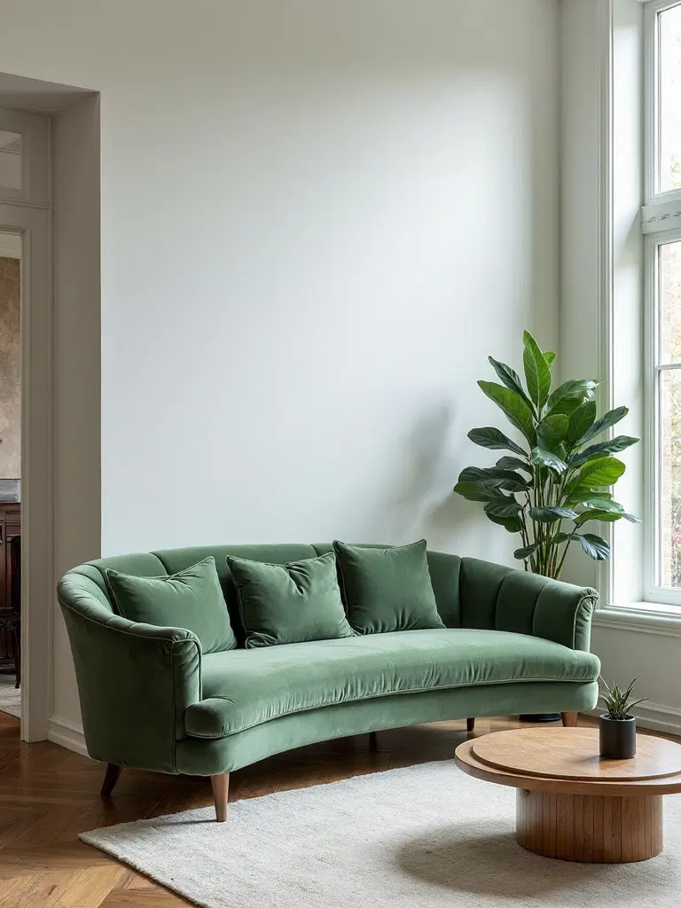 sculptural curved sofa adding warmth