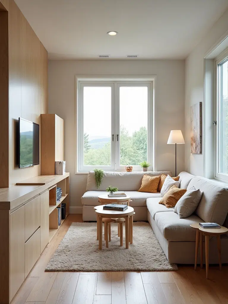 multi-functional furniture in minimalist living area