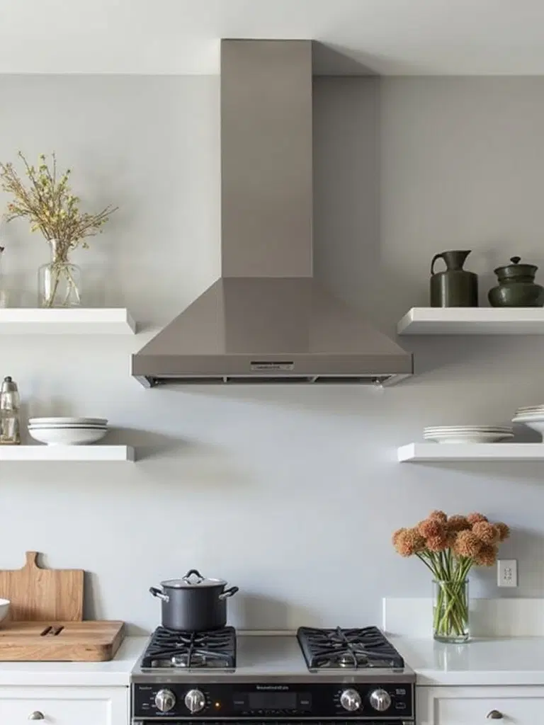 symmetrical open shelving around range hood