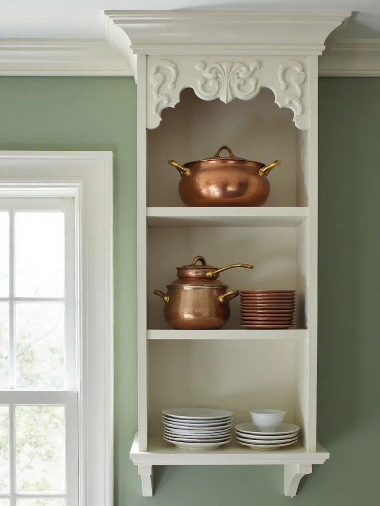 refined open shelving with crown molding