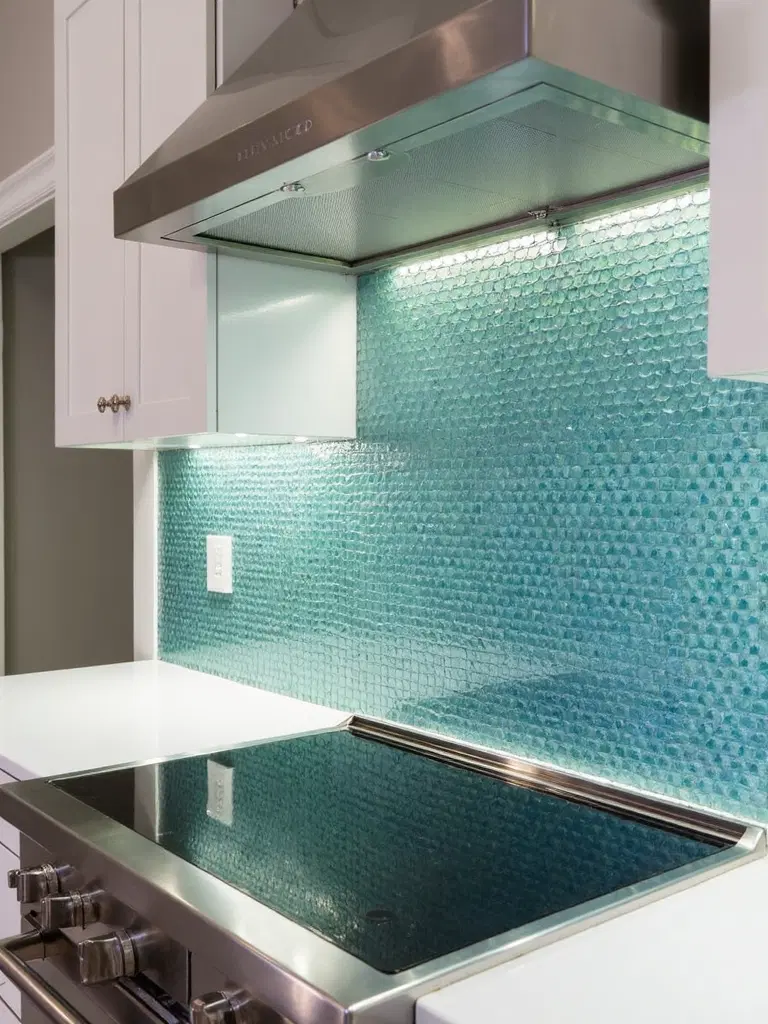 bright and glossy glass mosaic kitchen backsplash