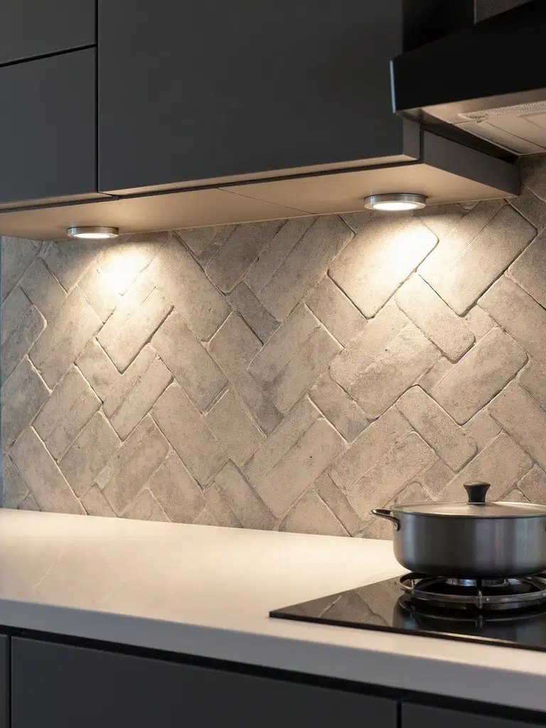 elegant herringbone natural stone backsplash