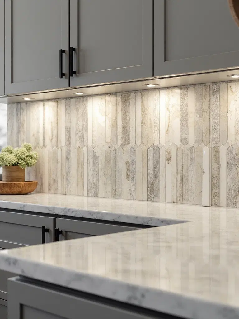 elegant natural stone picket-patterned backsplash