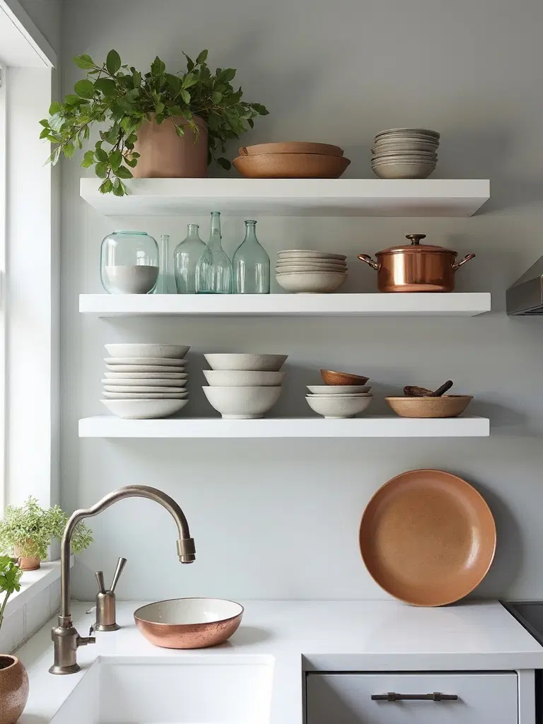 organized minimalist kitchen open shelving