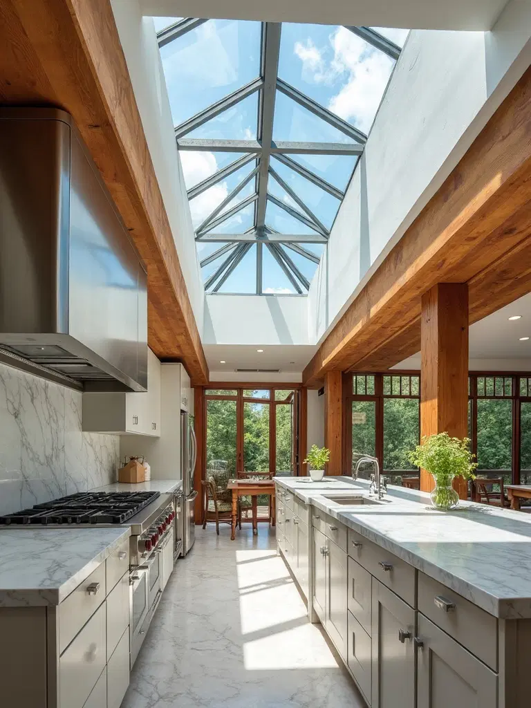 kitchen ceiling with skylights and wood beams